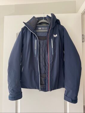 Helly Hansen Navy Blue Waterproof Ski Hooded Jacket with White Accents